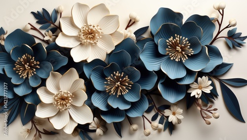 a gold and navy blue flowers, A close up of a paper flower with leaves on a white background. Perfect for spring or wedding-themed designs, greeting cards, scrapbooking, and crafting projects.