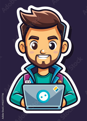 Smiling man working on laptop.