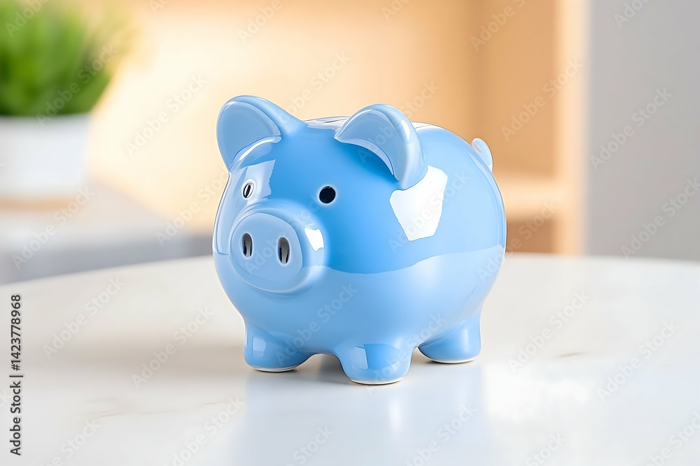 Fototapeta premium A light blue piggy bank sits on a white table in a blurred home setting