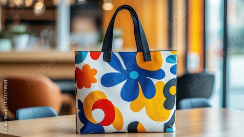Wallpaper Mural Recycled fashion, vintage and trends concept. A vibrant, patterned tote bag featuring bold colors and floral designs sits on a table in a modern, well-lit cafe setting. Torontodigital.ca