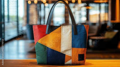 Wallpaper Mural Recycled fashion, vintage and trends concept. A vibrant, patchwork handbag sits on a wooden table, showcasing a colorful design against an inviting, modern interior backdrop. Torontodigital.ca