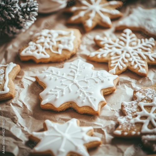Baked holiday cookies with icing on crumpled paper.