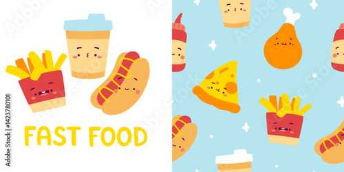 Fast food character pattern set. Seamless vector print with kawaii street food.