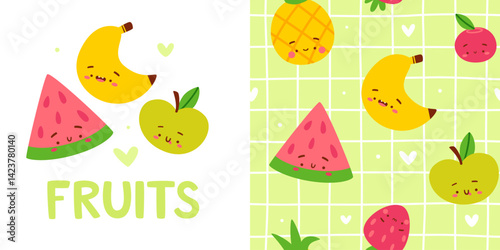 Summer fruit pattern set. Seamless vector cartoon print with adorable fruits.