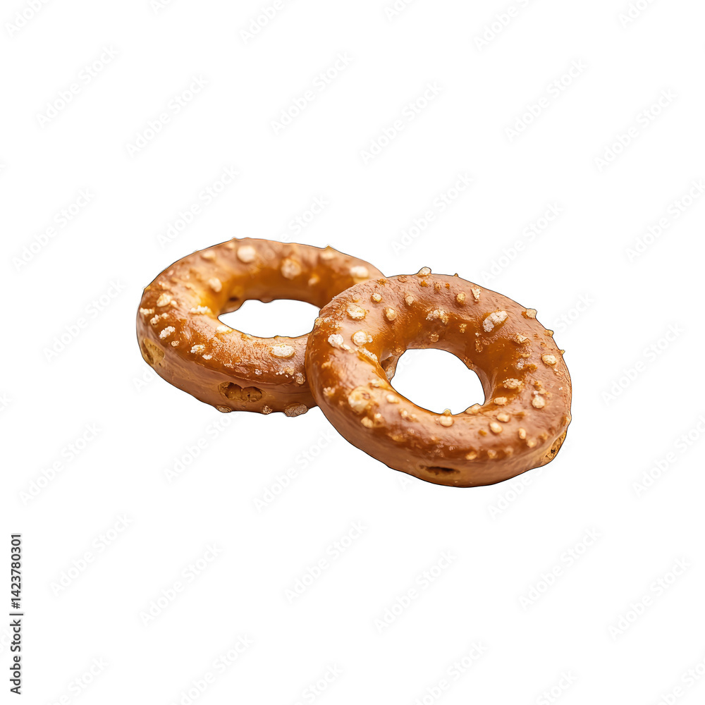 A close up shot of two ring shaped pretzels with white sprinkles on it A close up shot of two ring shaped pretzels with white sprinkles on it