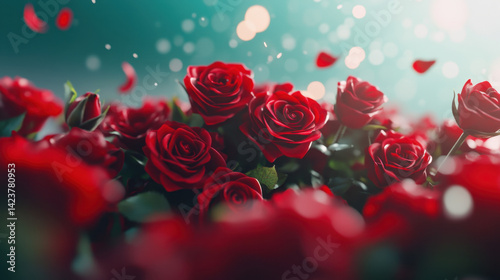 beautiful pile of red roses creates romantic atmosphere, with petals gently falling amidst soft, dreamy background. vibrant colors and delicate details evoke feelings of love and passion