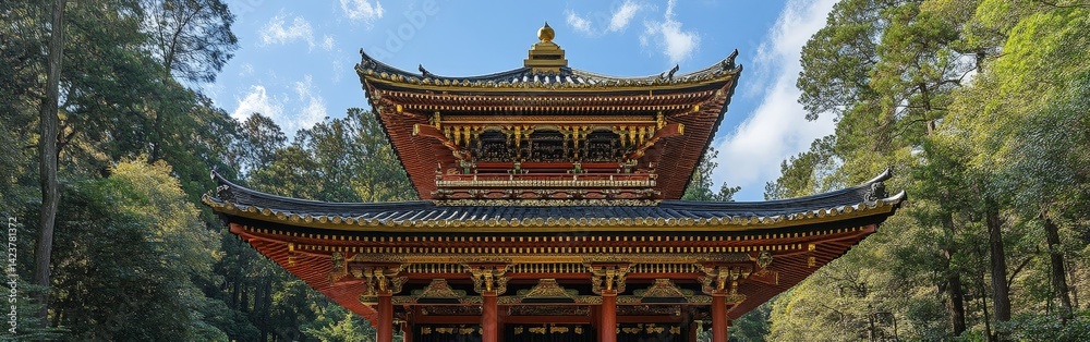 Ornate traditional Japanese architecture with detailed roof design surrounded by trees