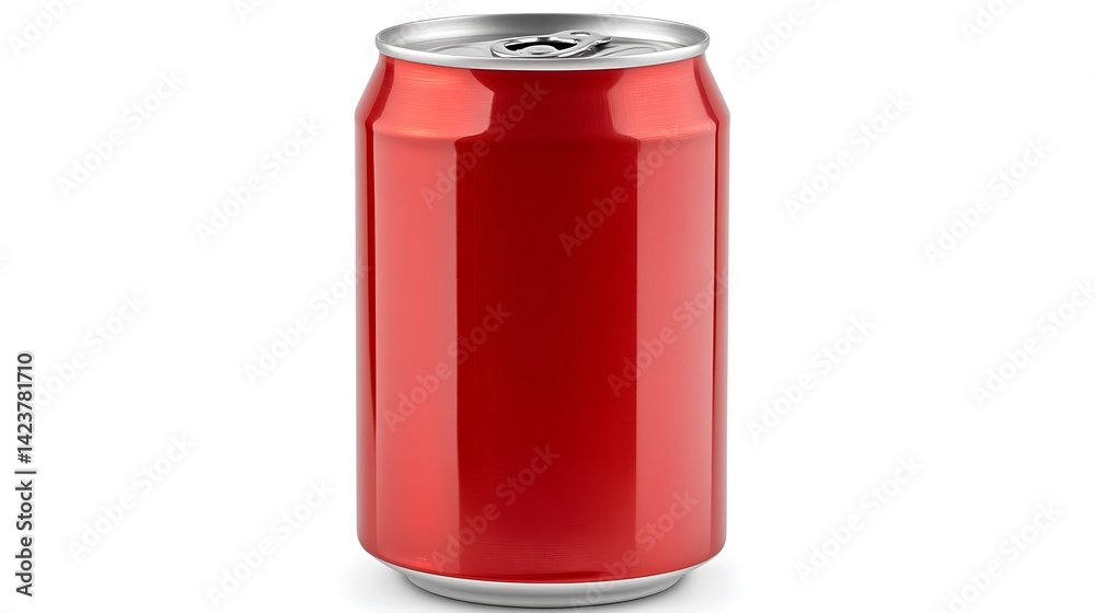 A single shiny red aluminum beverage can in front of white A single shiny red aluminum beverage can in front of white