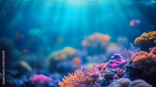 Fototapeta Naklejka Na Ścianę i Meble -  Vibrant coral reef underwater scene, sunlight filters through water, diverse marine life, ideal for nature documentaries