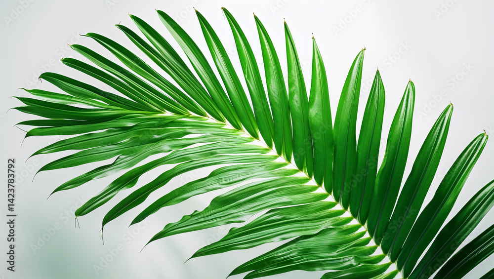 Obraz premium Detailed Close Up Of Fresh Green Palm Leaf Against White Backdrop