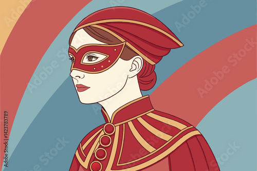 Elegant Woman in Red Mask Vintage Masquerade Fashion Illustration
