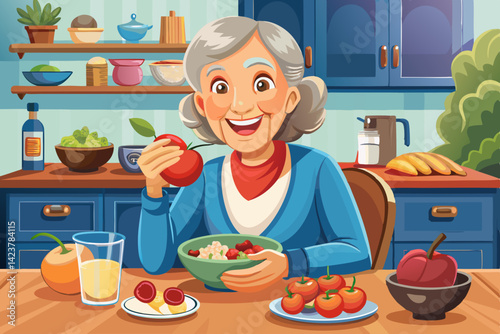 vector of Portrait, fruit and apple salad with an elderly woman in her home kitchen for health, diet or nutrition. Smiles, food and cooking with a happy mature retired woman eating healthy at home
