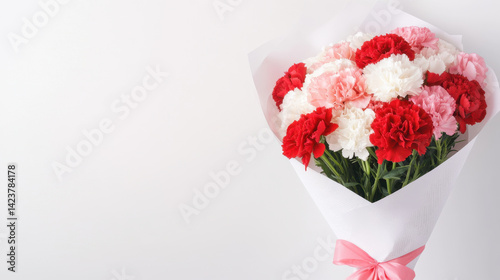 beautiful bouquet of red, pink, and white carnations wrapped elegantly, showcasing vibrant colors and fresh blooms, perfect for expressing love and appreciation