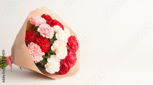 beautiful bouquet of red, pink, and white carnations wrapped in brown paper, showcasing vibrant colors and delicate petals, perfect for expressing love and appreciation