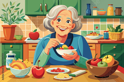 vector of Portrait, fruit and apple salad with an elderly woman in her home kitchen for health, diet or nutrition. Smiles, food and cooking with a happy mature retired woman eating healthy at home