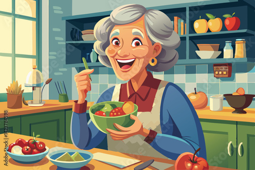 vector of Portrait, fruit and apple salad with an elderly woman in her home kitchen for health, diet or nutrition. Smiles, food and cooking with a happy mature retired woman eating healthy at home