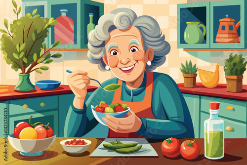 vector of Portrait, fruit and apple salad with an elderly woman in her home kitchen for health, diet or nutrition. Smiles, food and cooking with a happy mature retired woman eating healthy at home