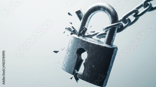 broken padlock with shattered shackle symbolizes vulnerability and loss of security. metallic surface reflects light, enhancing dramatic effect of broken pieces