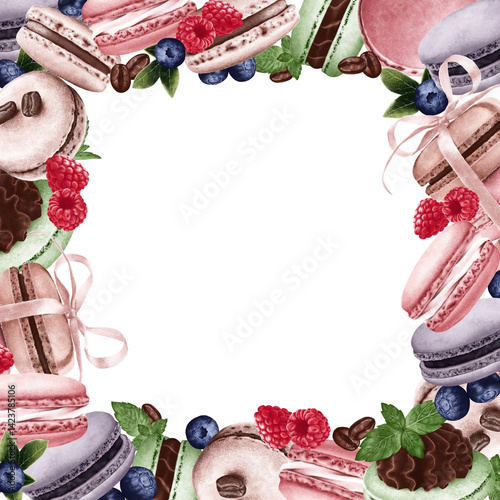 A delicious watercolor border with colorful macarons, berries, mint leaves, and chocolate details. Perfect for bakery-themed designs, menus, greeting cards, packaging, and sweet invitations.