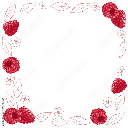 Frame made of red raspberries, outline leaves, and flowers on a light gray background. For decorating recipes, menus, product packaging, postcards.