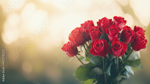 beautiful bouquet of red roses stands elegantly, showcasing their vibrant petals and lush green leaves, evoking feelings of love and romance in soft, dreamy background