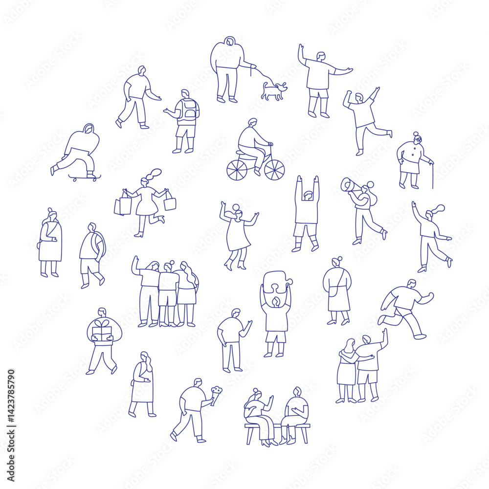 Black linear People Crowd. Line art people big bundle isolated on white. Hand drawn People vector set. Male and female characters set