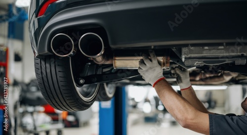 Mechanic inspecting car exhaust system under lifted vehicle in garage