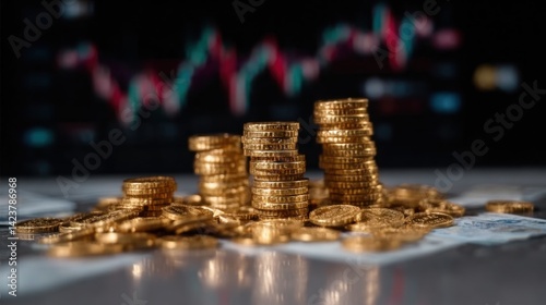 A pile of gold coins with stock market charts in the background, symbolizing the concept of wealth and business success. Realistic photo, cinematic style, low-key lighting.No blur