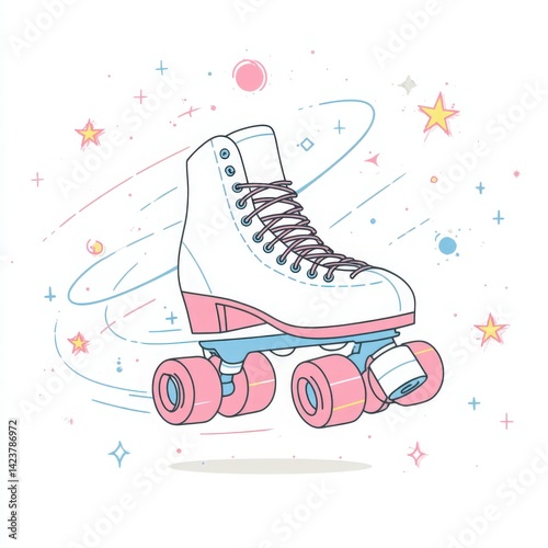 Roller Skate Illustration with Pastel Colors and Stars, Nostalgic Theme. Perfect for Stickers, Posters, Apparel, and Social Media.