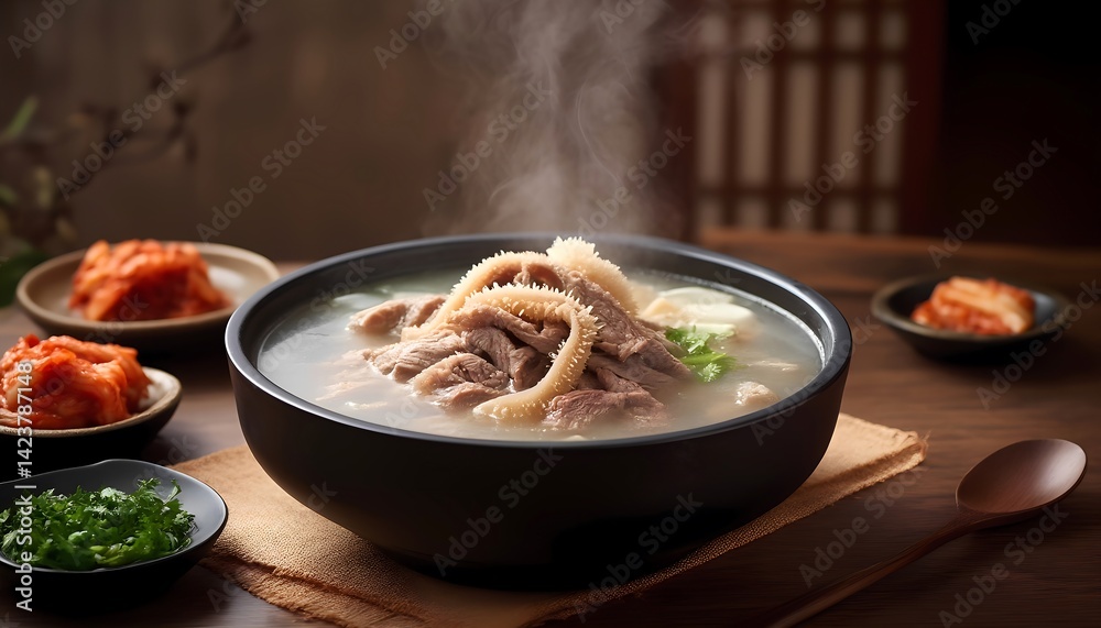 Fototapeta premium Seolleongtang in a minimalist setting, featuring beef and tripe in a creamy broth. Clean lines and soft tones highlight the dish’s calm, hearty essence.