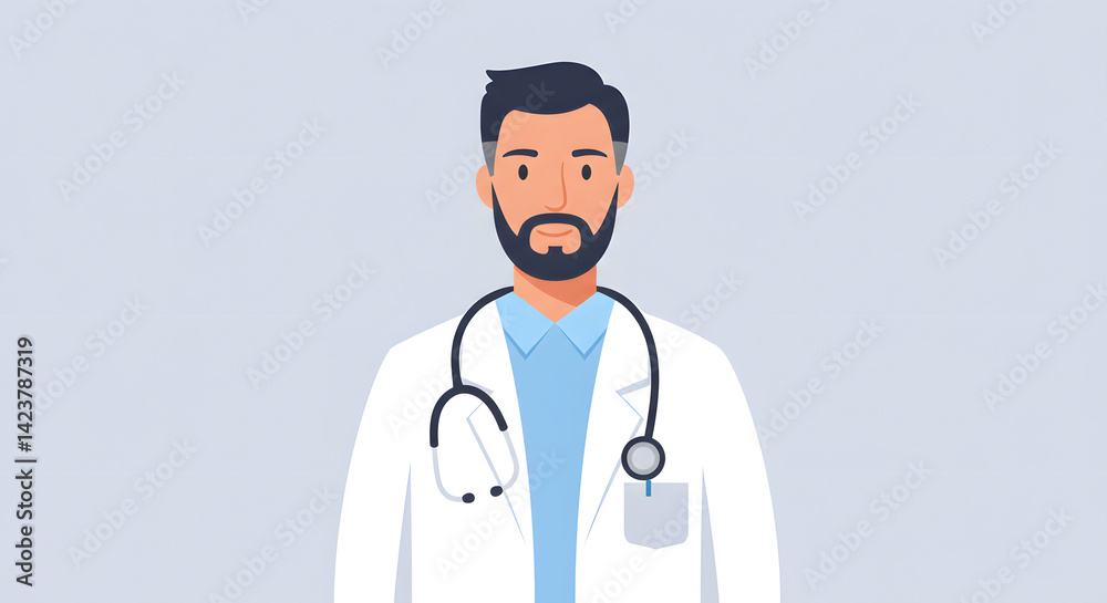 Fototapeta premium A handsome young doctor in a white coat smiles confidently with a stethoscope, embodying professional medical care
