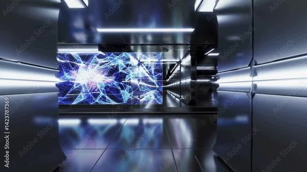 Futuristic glowing tunnel with neon lights and mirror reflections