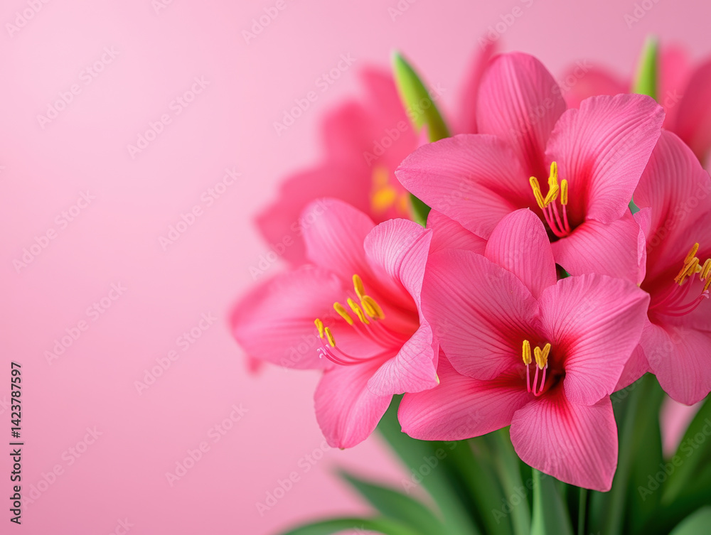 Fototapeta premium vibrant bouquet of pink hippeastrum flowers stands out against soft pink background, showcasing their delicate petals and bright yellow stamens, evoking sense of joy and beauty