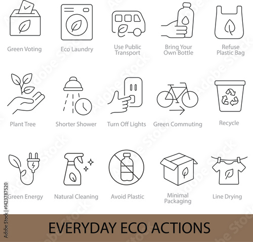 Everyday Eco Actions – 16 Editable Line Icons for Sustainable Living Habits | Vector Set in AI, EPS, SVG | Designed in Adobe Illustrator