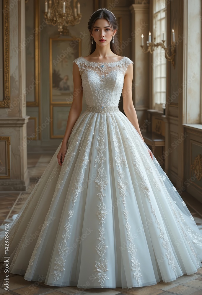 Fototapeta premium Elegant A-Line Wedding Dress with Lace Appliques and Beading