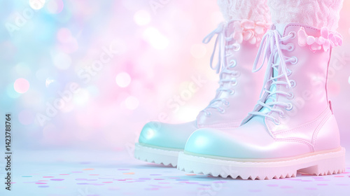 Pastel iridescent boots with lace detail on soft gradient background