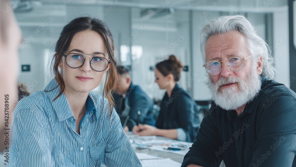 Fototapeta premium Teamwork: Professionals Collaborate on Project with Focus and Seriousness in Modern Office Setting