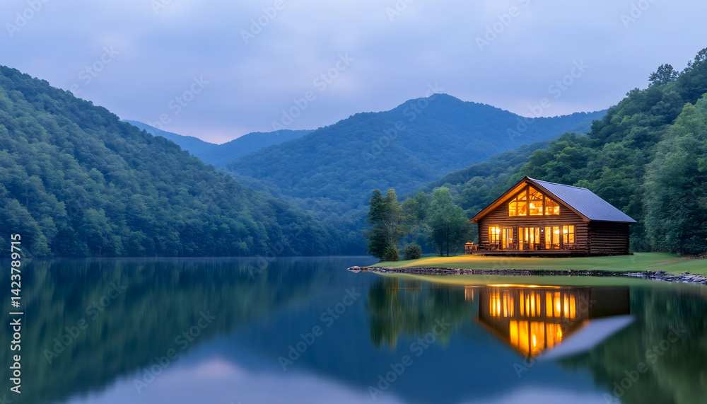Fototapeta premium Illuminated lake house nestled in a serene mountain valley at dusk