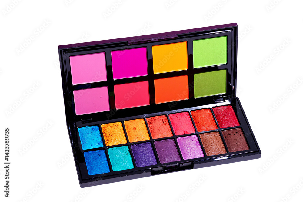 Open makeup palette showcasing a vibrant spectrum of eyeshadow colors with shimmer and matte finishes, featuring bright pinks, oranges, yellows, greens, blues, and purples, transparent background Open makeup palette showcasing a vibrant spectrum of eyeshadow colors with shimmer and matte finishes, featuring bright pinks, oranges, yellows, greens, blues, and purples, transparent background