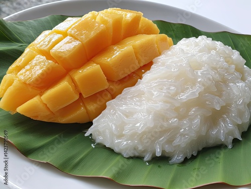 traditional Thai dessert. Traditional Thai sticky rice with mango, colorful vivid sticky rice with mango for dessert design, authentic sticky rice with mango showcasing vibrant summer tropical.