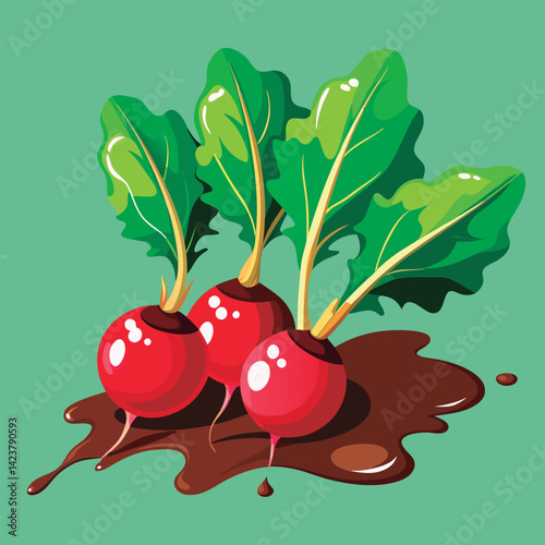 Fresh radishes in rich soil.