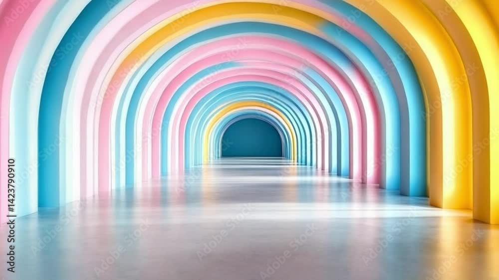 Symmetrical rainbow-colored tunnel with soft ambient lighting and glossy floor reflection