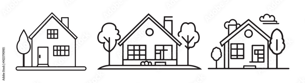 Abstract Vector Three outline houses with trees and chimneys Icon or Logo Design Template Abstract Vector Three outline houses with trees and chimneys Icon or Logo Design Template