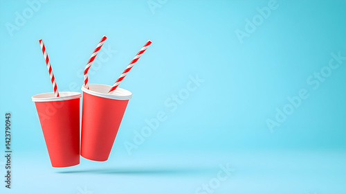 Two red paper cups with striped straws levitate against a light blue background