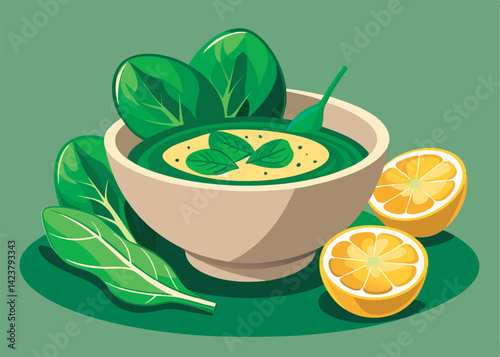 Healthy green soup with lemon.