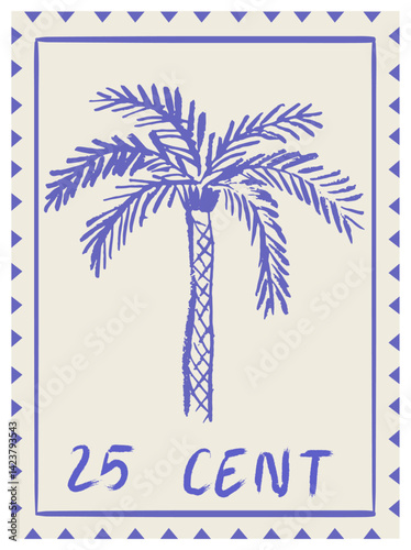Tropical minimal summer postage stamps. Vector illustration of coconut or banana palm tree in postage frame perfect for print, placards or poster and wall art design. Exotic postal stickers.