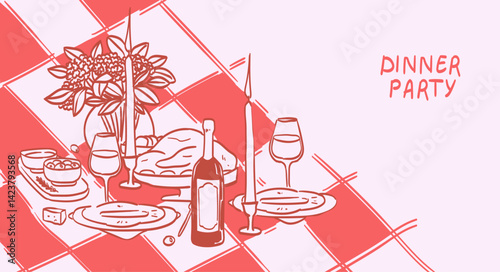 Romantic outdoor dinner poster, banner or placard. Wine and flower bouquet drawing for birthday or wedding party invitations. Served table for two, couples, family dinner in restaurant, cafe or home.