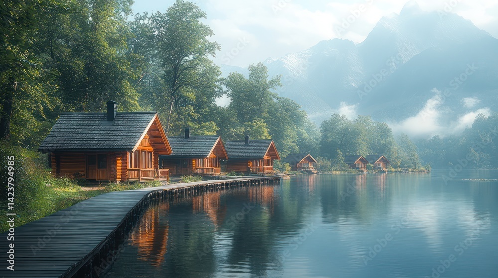 Fototapeta premium Misty lake village reflection