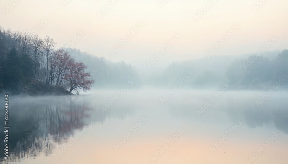 Fototapeta premium Serene lake at dawn with mist, tree reflections, and a cherry blossom under soft light.