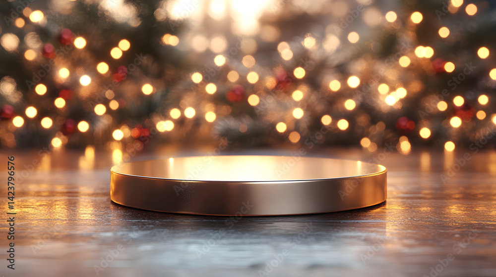 Golden Pedestal with Festive Christmas Lights and Bokeh Background Golden Pedestal with Festive Christmas Lights and Bokeh Background
